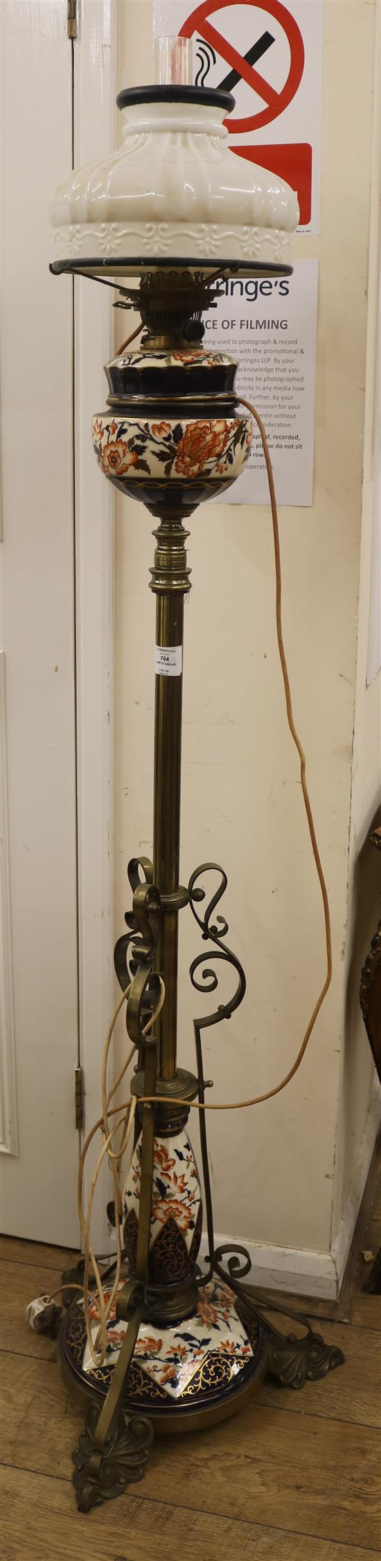 A Victorian brass and Imari ironstone standard lamp